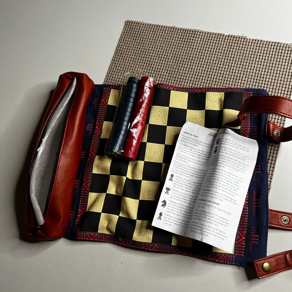 Pendleton Travel Chess & Checkers Set Roll-Up Canvas Board Game Blue Red NEW